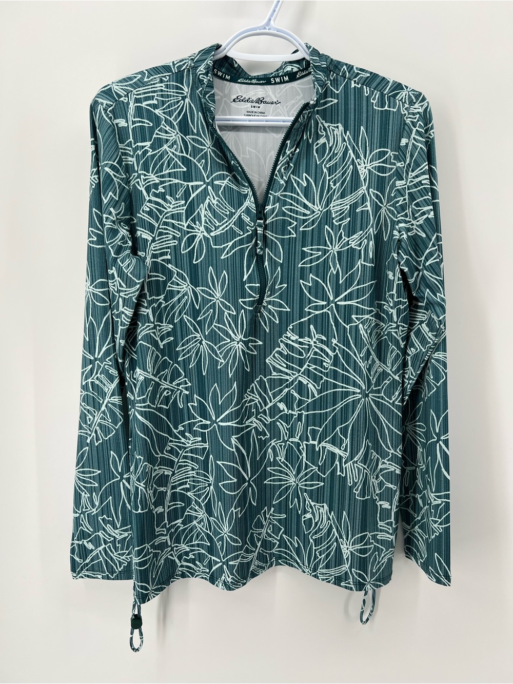 Eddie Bauer Women’s Medium Swim Top Rashguard Long Sleeve Teal Tropical 1/4 Zip